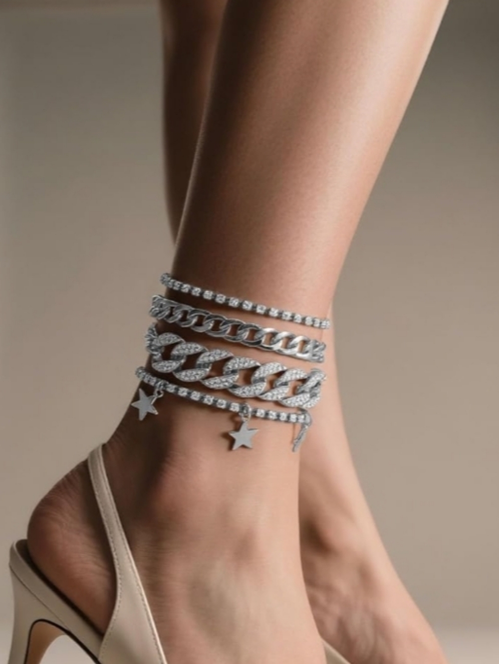 Rhinestone Star Charm Anklet Stack